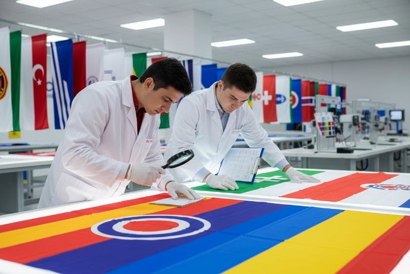 Quality inspection process showing inspector examining custom flag for print defects, color uniformity, and dimensional accuracy before packaging