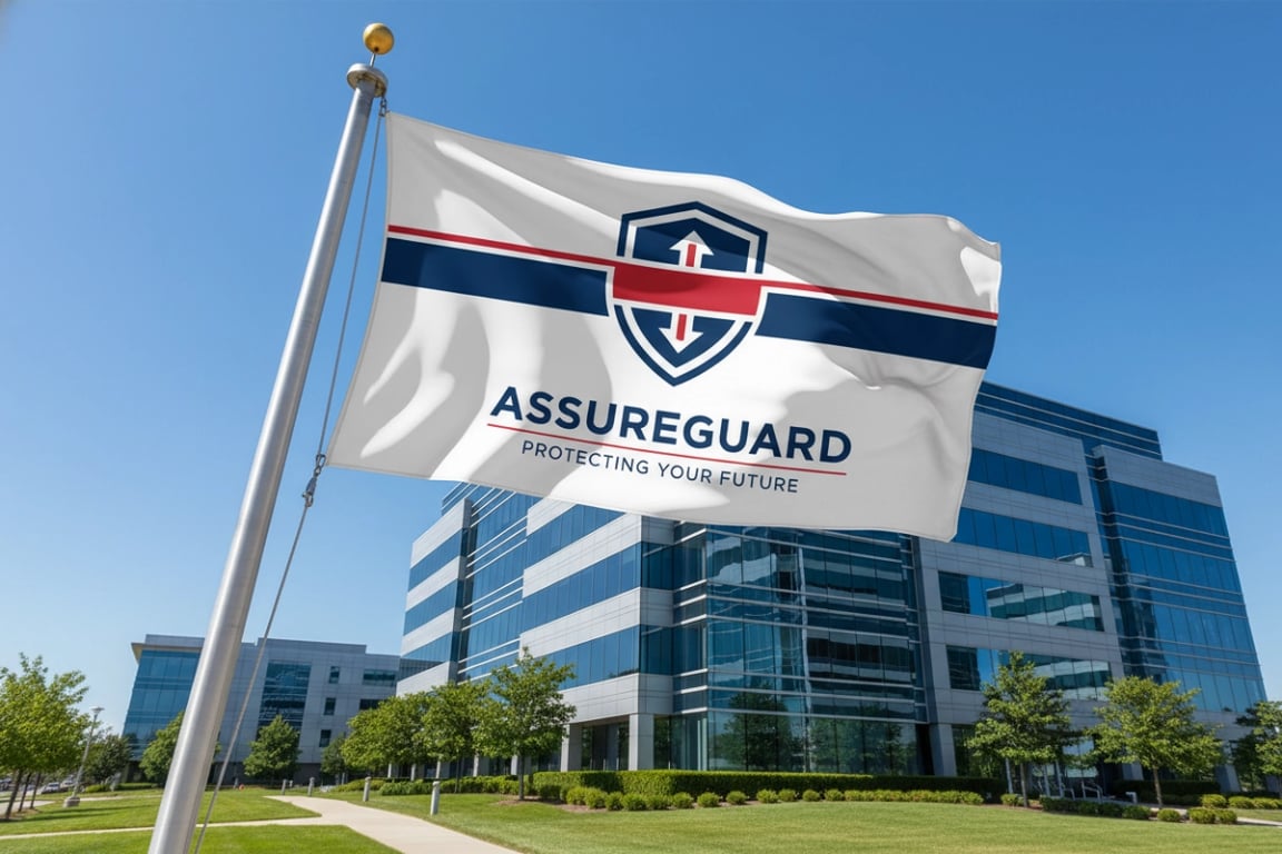 Insurance company outdoor headquarters flags with embossed logo visible from highway featuring Protection You Can Trust tagline, 8ft x 5ft double-sided reinforced edges