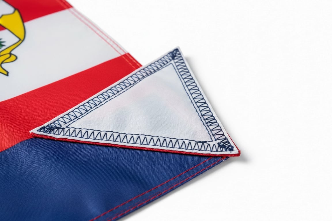 Military ceremonial flag with heavy-duty triangle corner patches featuring 16-stitch density reinforcement designed for extreme wind conditions and continuous outdoor display