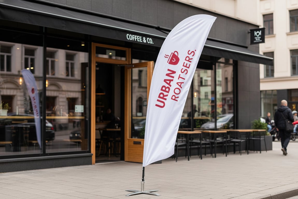 2 meter custom feather flag outside retail coffee shop storefront with curved design for sidewalk visibility