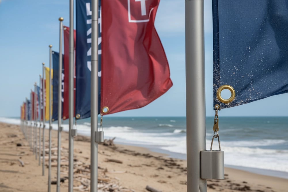Outdoor advertising beach flags and blade banners with 15mm brass grommets withstanding 60 km/h sustained wind at coastal location, showing 12-18 month lifespan in continuous outdoor beachside use with no grommet failure or fabric tears