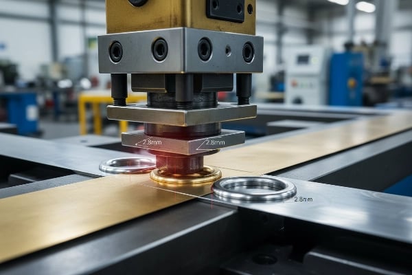 Precision stamping - Industrial high-pressure stamping machine with hardened steel molds producing perfectly shaped thick brass and stainless steel grommets with consistent 2.5mm-3.0mm wall thickness for custom flags