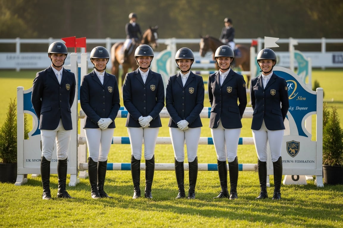 UK Show Jumping Federation team in custom show jumping attire with embroidered logos