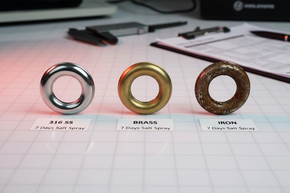 7-day salt spray rust test comparison - 316 stainless steel grommet remains shiny and rust-free, thick brass grommet shows minor discoloration only, ordinary thin-wall iron grommet severely corroded with flaking plating and rust spread after 48 hours exposure to saltwater