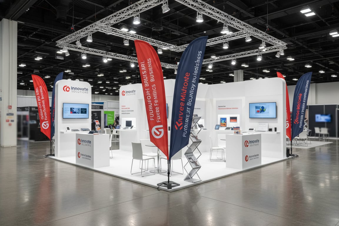 Double-sided trade show exhibition booth flags and banners with custom branding, table flags 6x9 to 12x18 inches, large backdrop flags 6-10ft for convention center display with travel cases