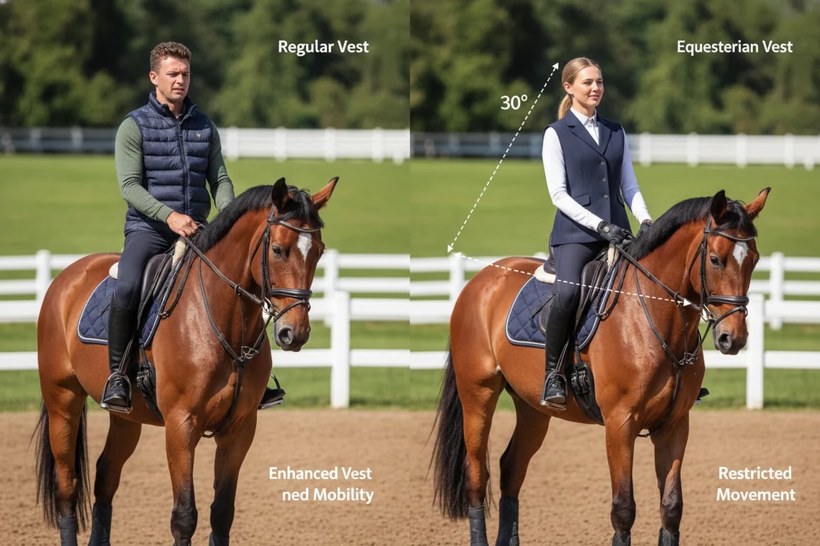 Riding posture comparison showing equestrian vest vs regular vest fit