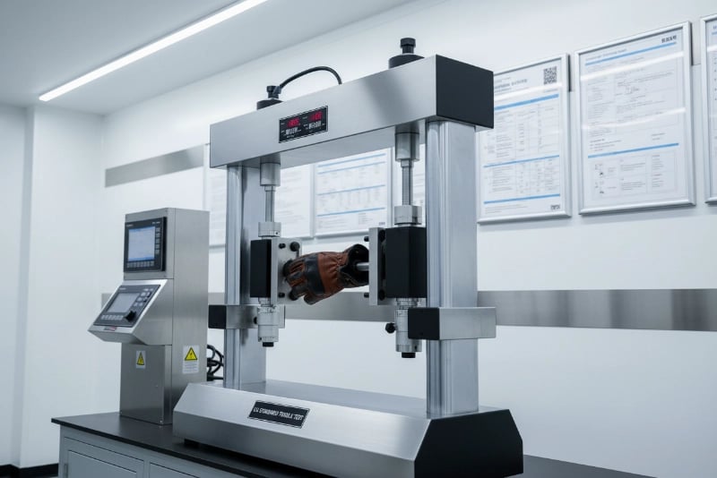 US standard tensile testing equipment at horse riding gloves factory