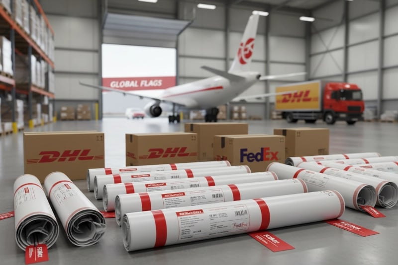 Flag shipping delivery showing professional logistics team loading custom flag cartons onto international freight truck for global delivery