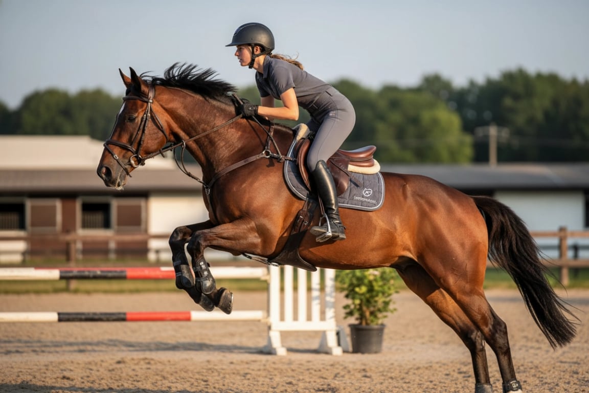 Rider jumping in custom riding breeches made with 4-way stretch fabric