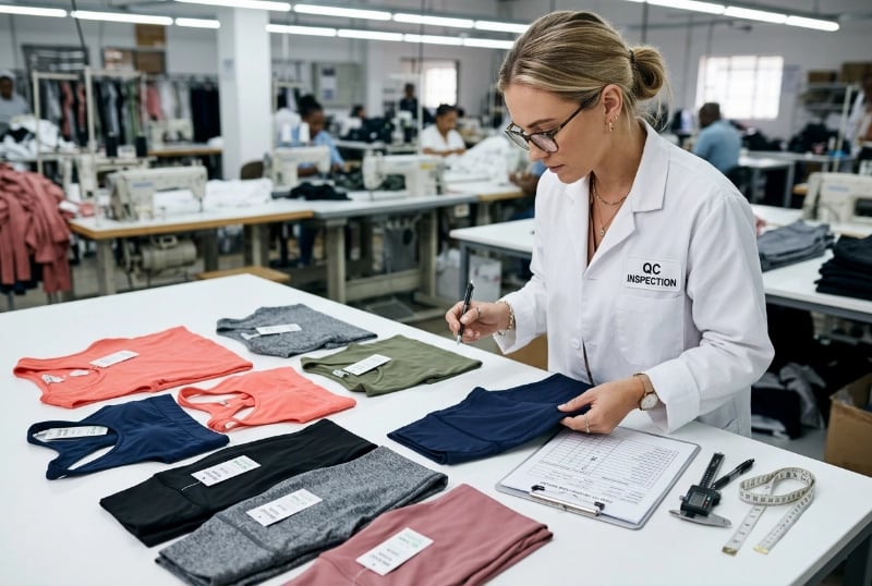 QC engineer AQL 2.5 inspection report on clipboard with yoga apparel sample pieces