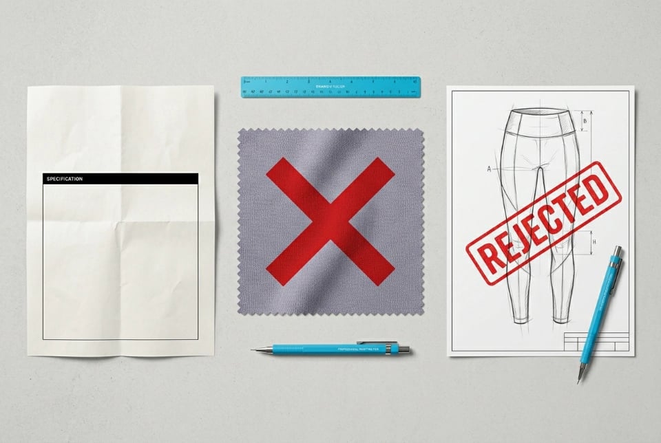 Composite still-life of three rejected OEM brief examples &mdash; blank paper, poly swatch with X overlay, knockoff sketch with REJECTED stamp