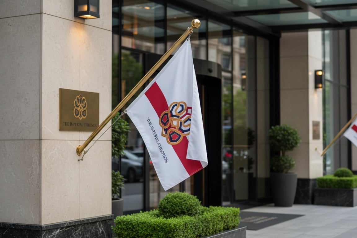 Luxury hotel chain premium fabric flags with intricate gold embroidered crests for hotel entrances and VIP areas conveying exclusivity, 6ft x 4ft double-sided elegant hospitality branding