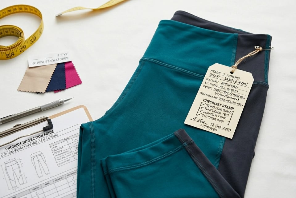 First-piece yoga apparel sample with engineer sign-off tag &mdash; OEM intake stage three