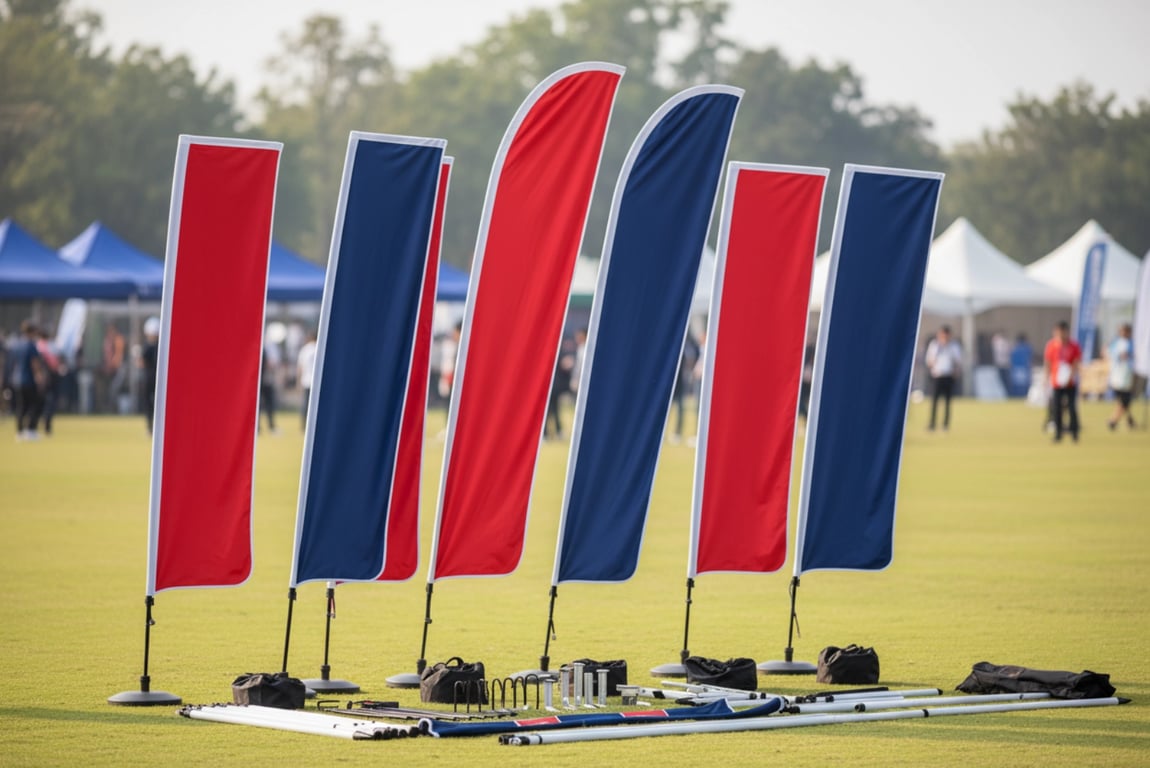 Complete promotional outdoor flag sets with 3-5 flags, bases, and carrying case for events and trade shows, volume discounts 15-25% off, mixed flag types including feather and teardrop, branded storage bag included