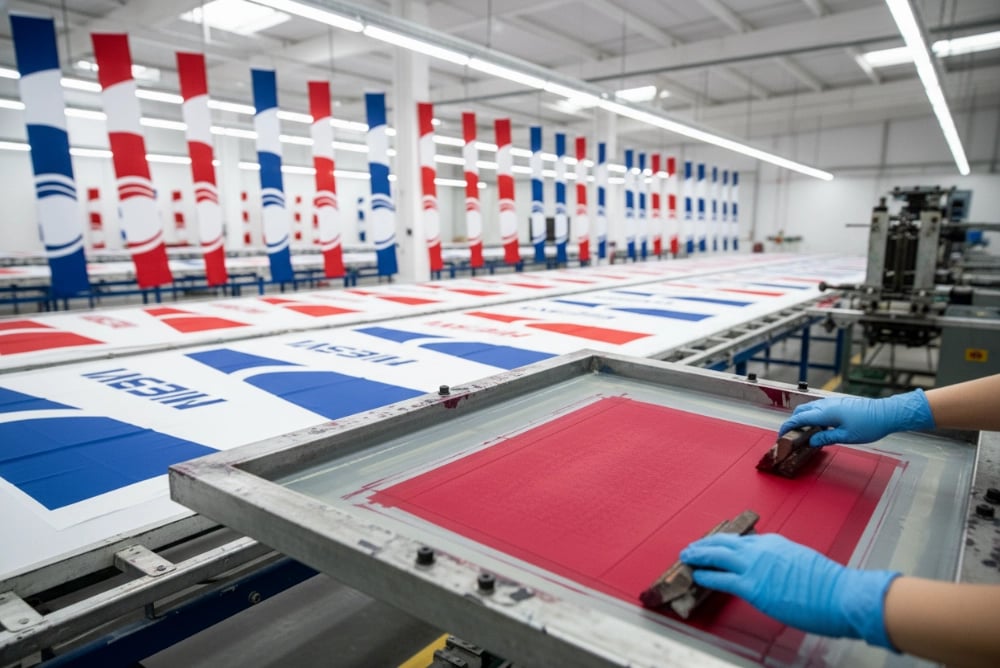 Cost-effective screen printing for bulk orders of 100 plus teardrop flags with rich saturated colors and solid designs