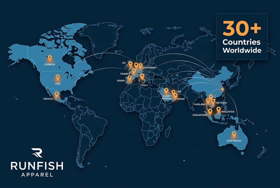 Runfish Apparel Global Export Map - 30+ Countries Worldwide
