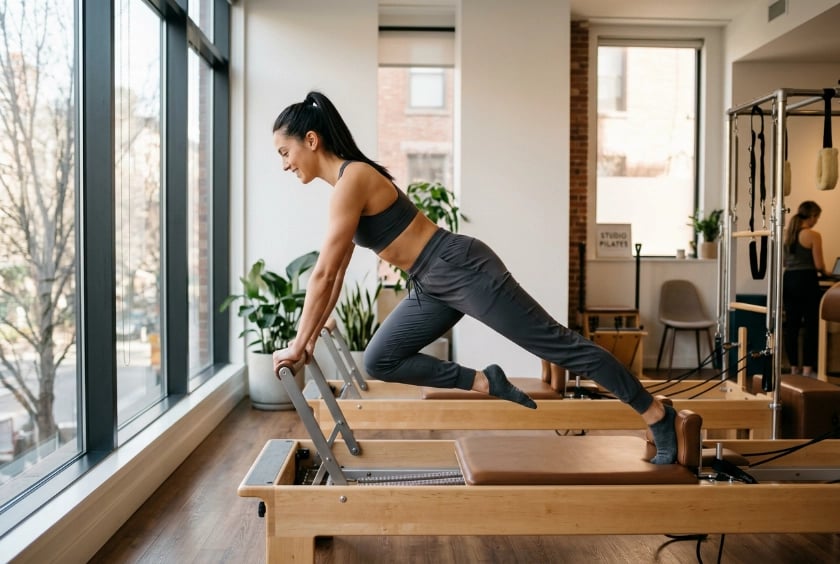 Pilates reformer training wearing joggers