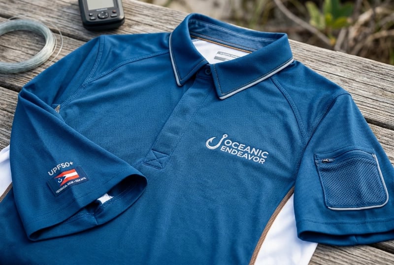 Custom premium fishing shirt design - blue performance fabric