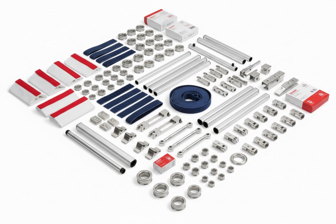 Professional banner installation accessories - grommets, pole pockets, velcro, stands, and mounting hardware