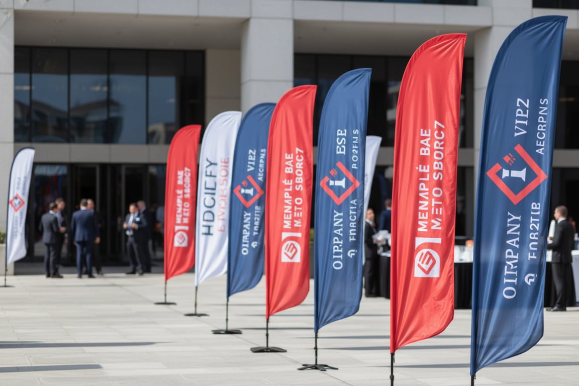 Corporate outdoor event flags for product launches and company picnics with branded designs, photo zone markers, space definition, UV-resistant for parks and beach venues