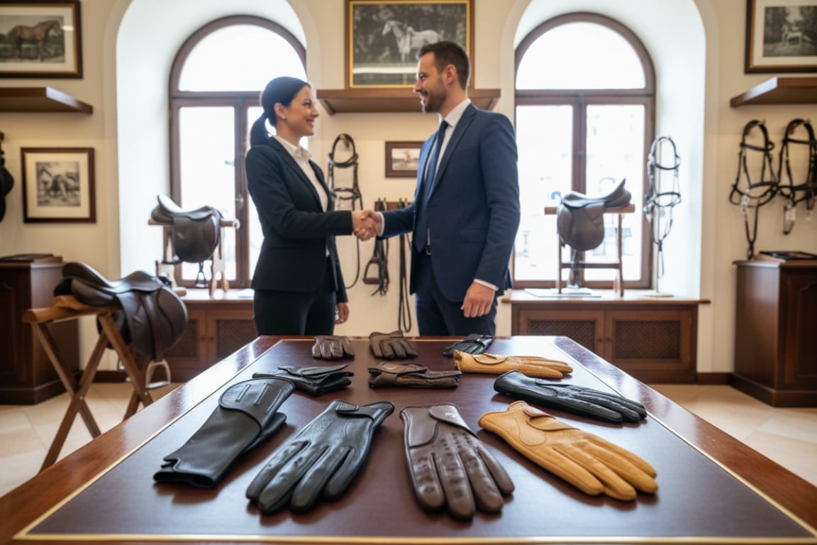 European equestrian store partnership with riding gloves manufacturer - custom riding gloves display