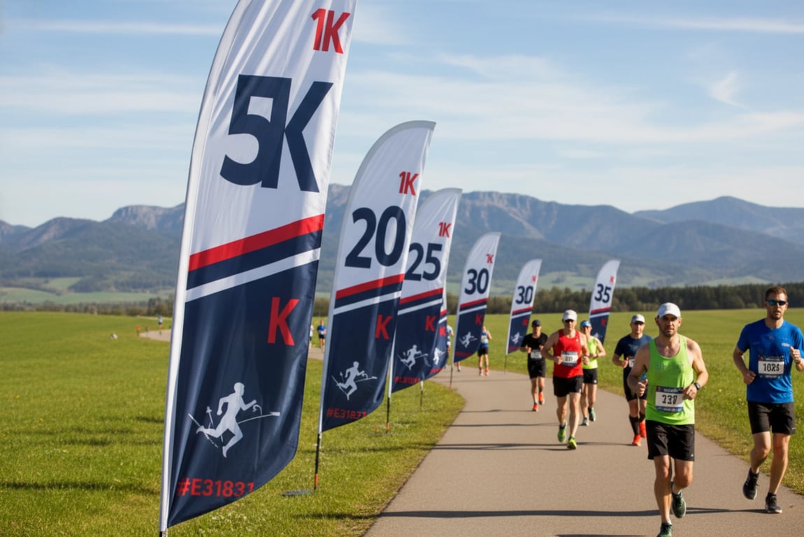 Marathon kilometer marker flags - GPS-labeled route flags with ground spike installation system