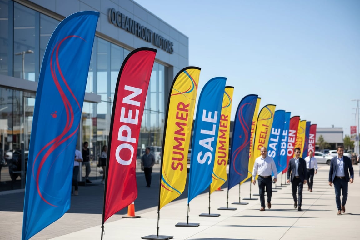 Retail sidewalk feather flags for outdoor advertising with vibrant colors, eye-catching movement, weather-resistant for storefronts, car dealerships, restaurants, and grand opening promotions