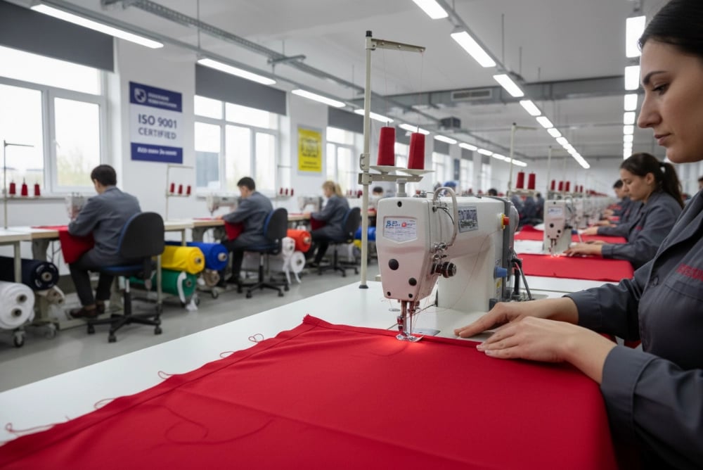 Flag sewing department with industrial machines for hemming and finishing custom flags