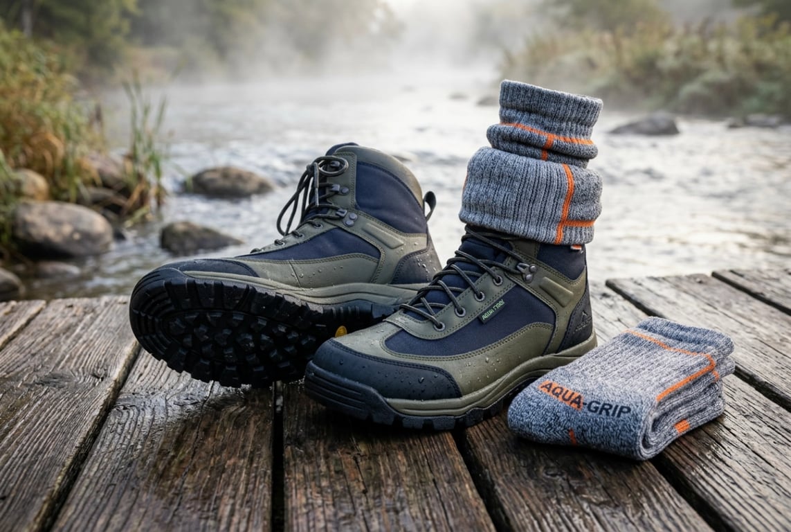 Waterproof fishing boots and cushioned fishing socks
