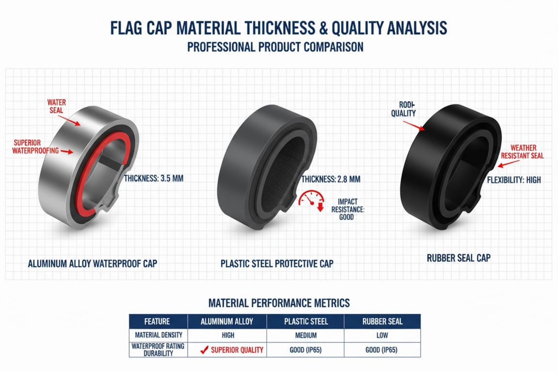 Professional flag cap cross-section comparison showing 2.5mm aluminum thickness vs 0.8mm standard plastic. Clear demonstration of superior material quality, silicone O-ring seal system, anodized finish, and waterproof construction. Side-by-side material durability test results after 12 months outdoor exposure.