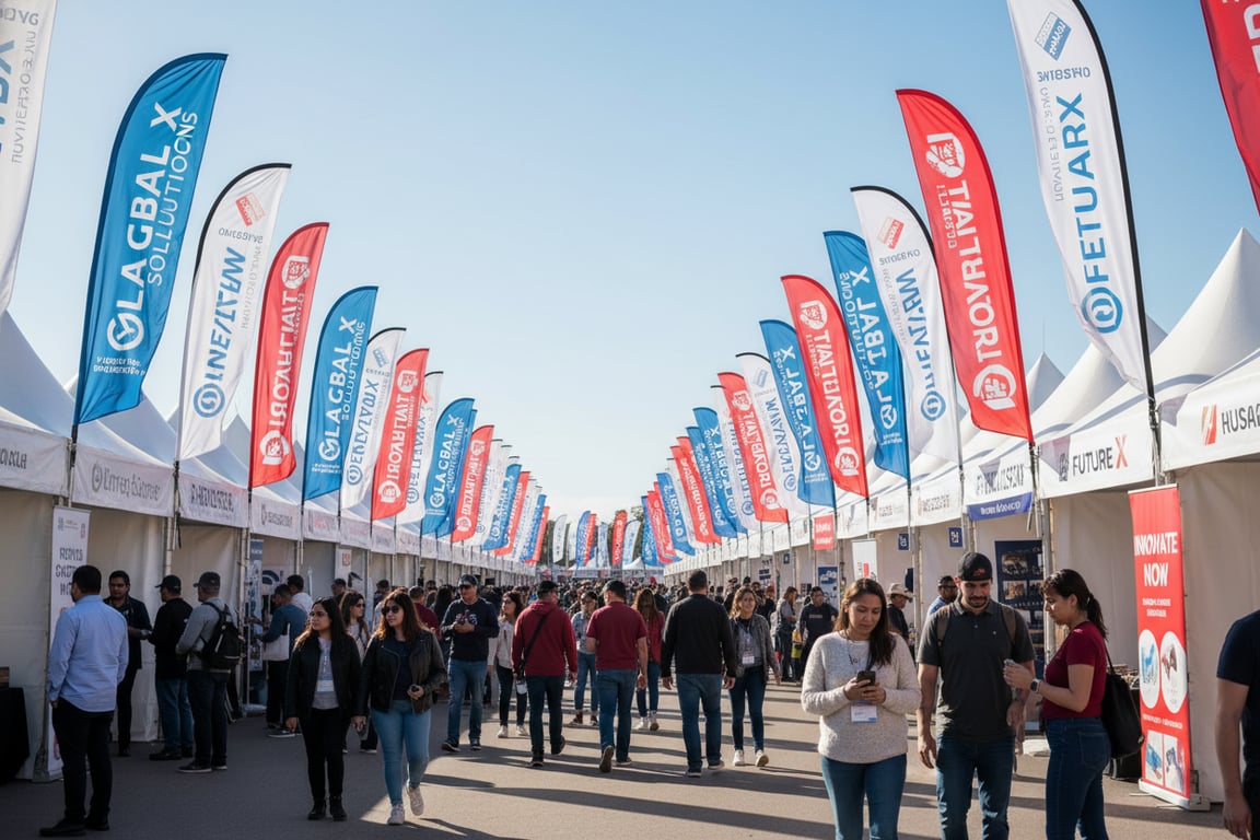 UV-stabilized outdoor event and festival promotional flags with weather-sealed rectangle banners, beach flags with sandbag bases for grass and sand, sponsor branding visible through 12+ hour outdoor events