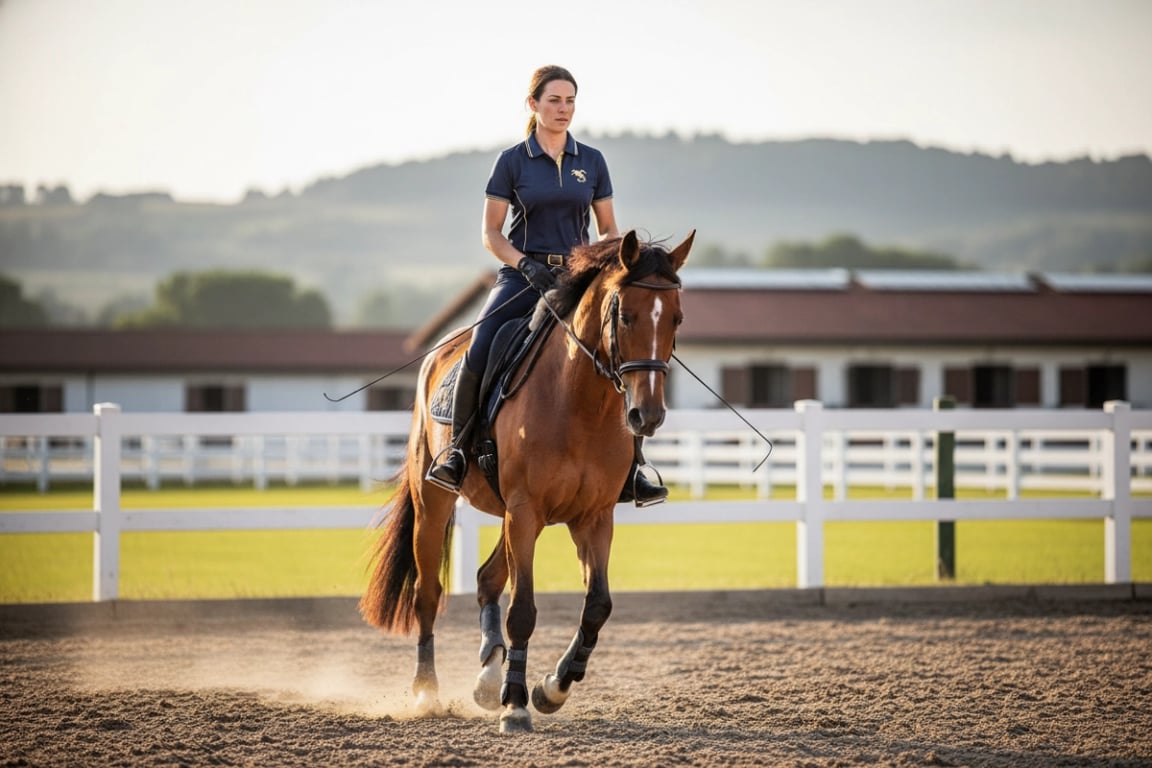 Rider training in summer wearing quick-dry equestrian polo shirt