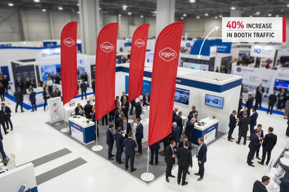 Tall 5m professional teardrop banners at trade show booth increasing visibility and booth traffic by 40 percent