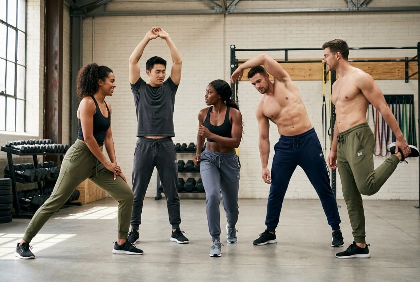 Gym training team in matching joggers