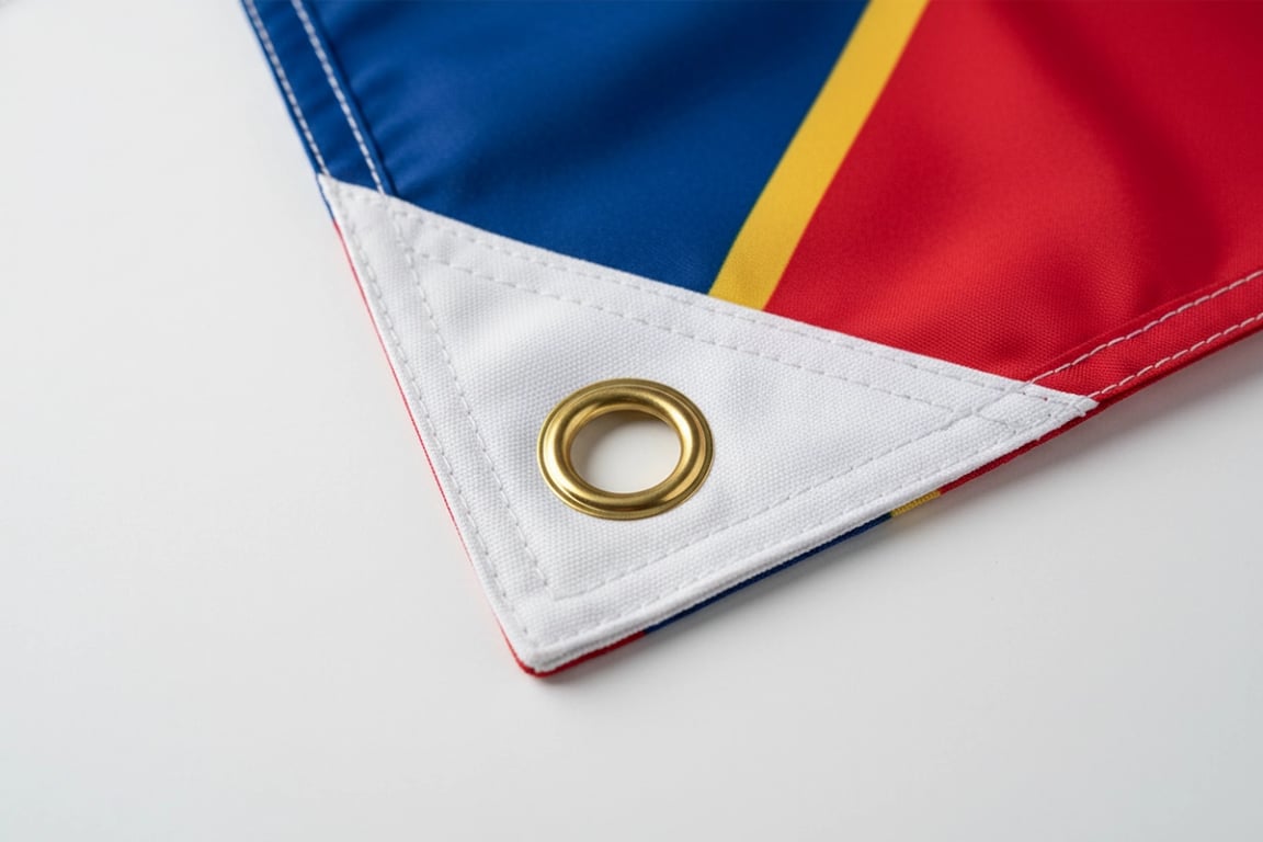 State flag featuring custom shaped corner patch designed for unique flag geometry with tailored reinforcement pattern and precision edge treatment for specialty applications
