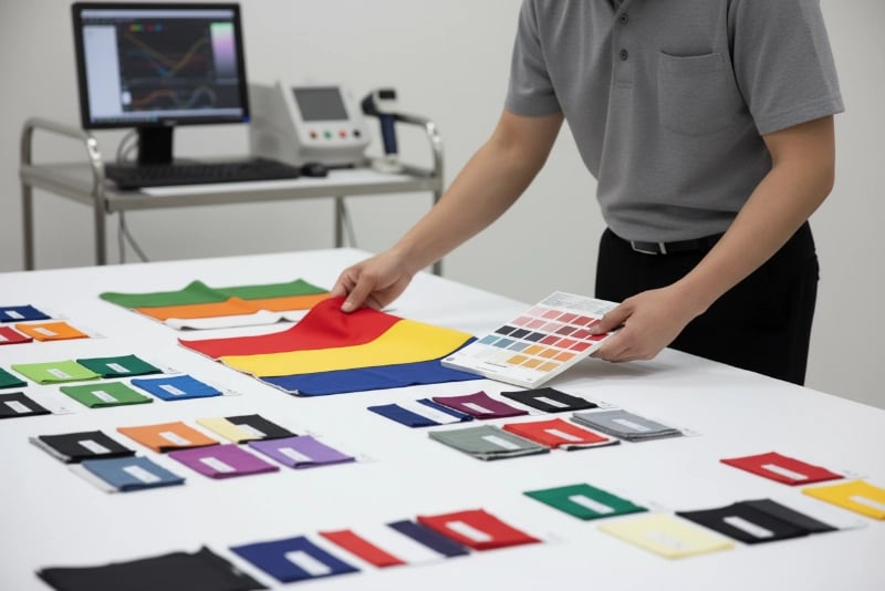 Color matching process for custom flags showing Pantone color card comparison with printed fabric sample to ensure brand color accuracy