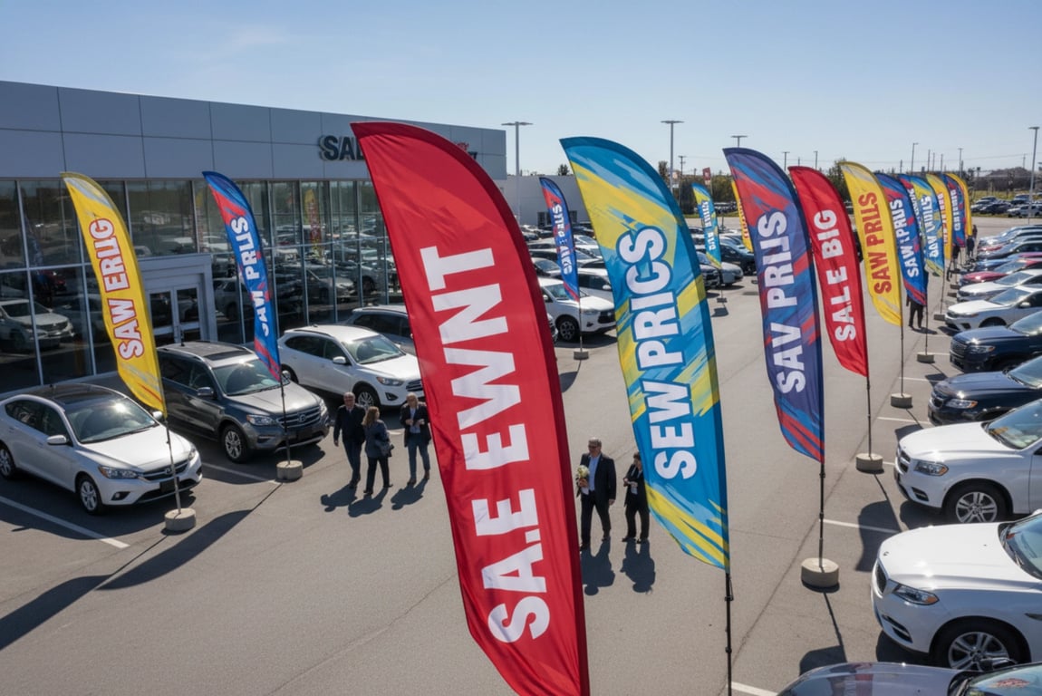 Flying beach flags and feather banners at car dealership lot attracting customer attention to sales