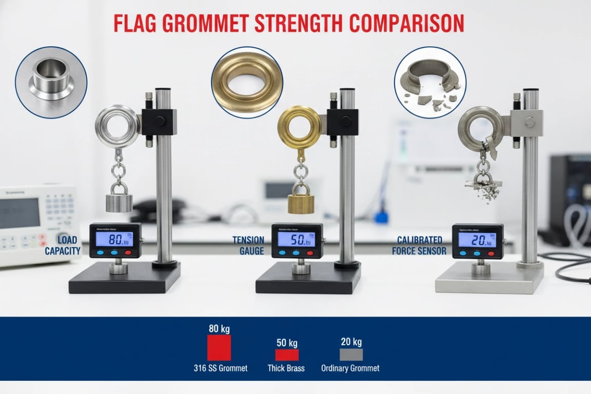 Load bearing test comparison chart - 316 stainless steel grommets 80kg capacity, thick brass grommets 50kg capacity, ordinary thin-wall grommets 20kg capacity, scientific laboratory testing equipment with tension measurement data for custom flag applications