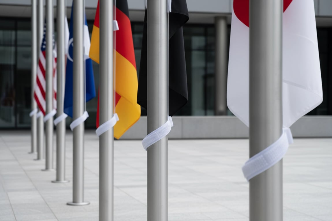 National flags on government poles using heavy duty velcro strips for secure professional flag mounting with dignified appearance