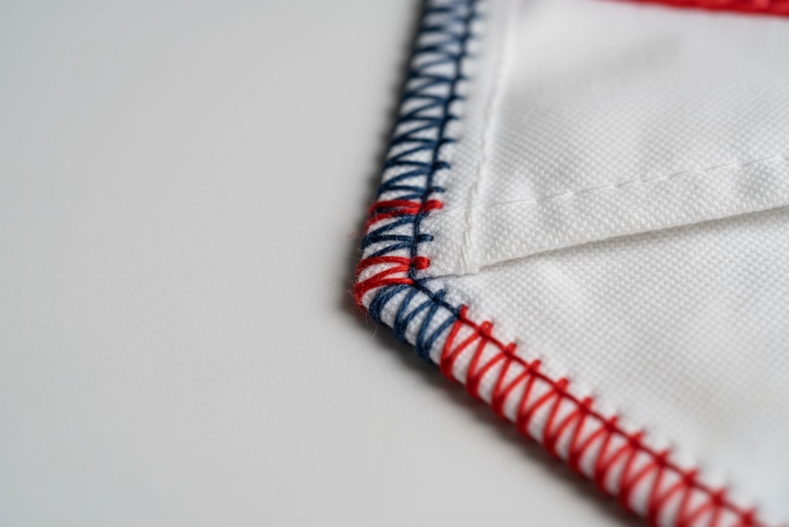 Macro close-up view of 16-stitch per inch density Z-pattern reinforcement stitching on double-layer flag corner patch showing precision 1.6mm stitch spacing and lock-stitch termination for maximum durability