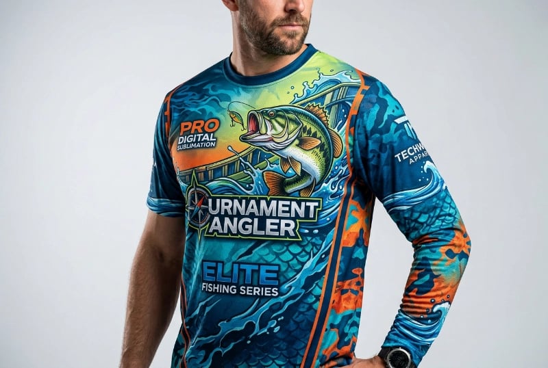 Sublimation printing on custom fishing apparel - vibrant full-color design