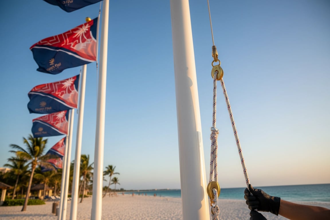 Coastal Beach Resort Flag Installation with Marine-Grade Waterproof Halyard Rope