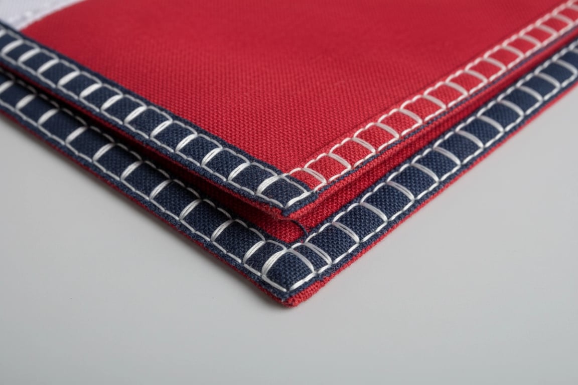 Pristine double-layer flag corner patch after 18 months of continuous outdoor use showing no fraying, intact stitching, and preserved color thanks to 16-stitch density and heat-sealed edges