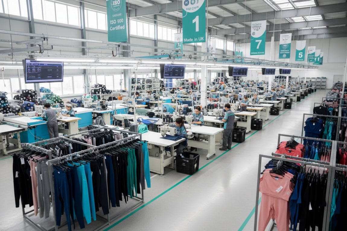 BeRunClothes gym clothing factory UK - modern production lines manufacturing fitness apparel with 10 production lines and 50000 monthly capacity