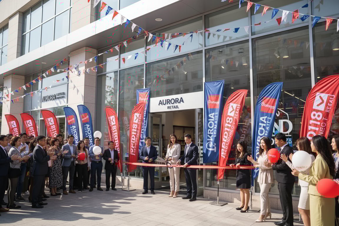 Retail home goods chain grand opening 50 feather flags alternating red white colors parking lot entrance pathway effect 500 mini hand-waving flags customer giveaways Pantone color matching brand consistency