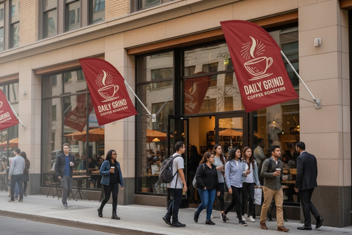 Retail coffee shop success story using custom feather flags to increase foot traffic by 35 percent