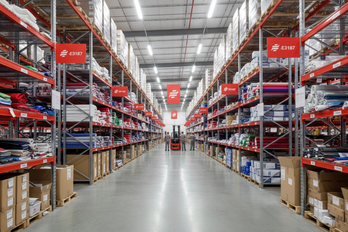 Large warehouse facility for flag inventory storage and order fulfillment