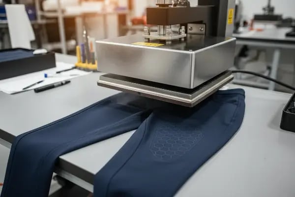 Heat press machine applying silicone grip to breeches