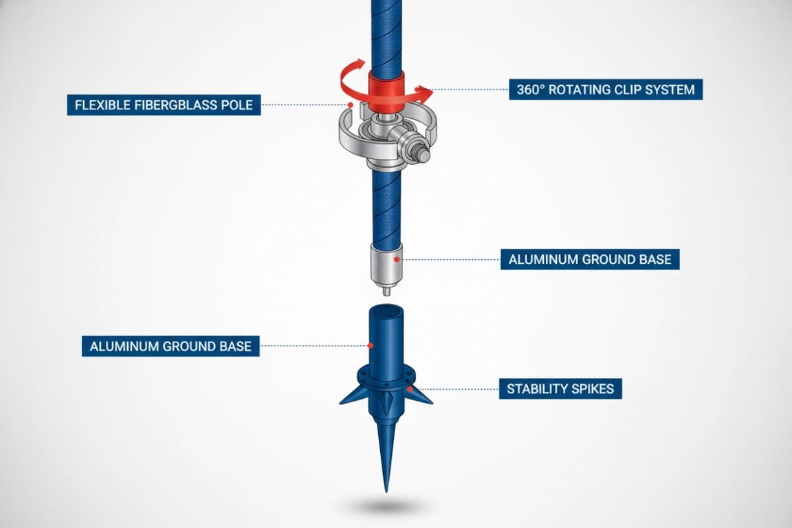 Durable teardrop flag frame structure with flexible fiberglass pole, heavy-duty aluminum base and 360 degree rotating clip system