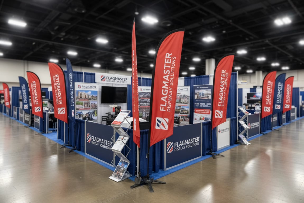 Trade show booth setup with pop-up displays and banner stands